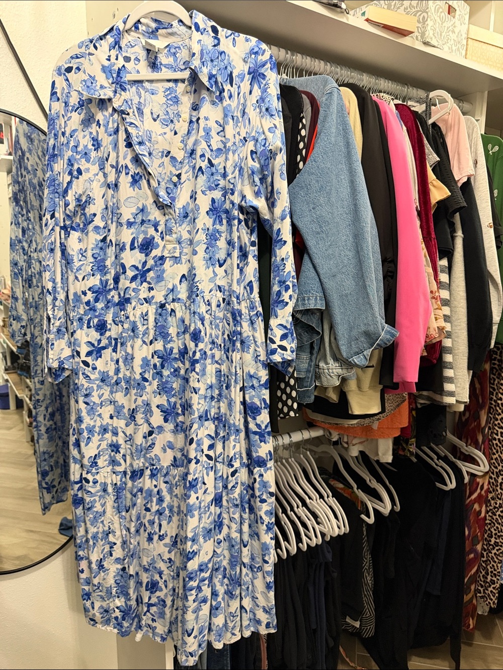 H&M White Midi Dress with Blue Floral Print and Long Sleeves